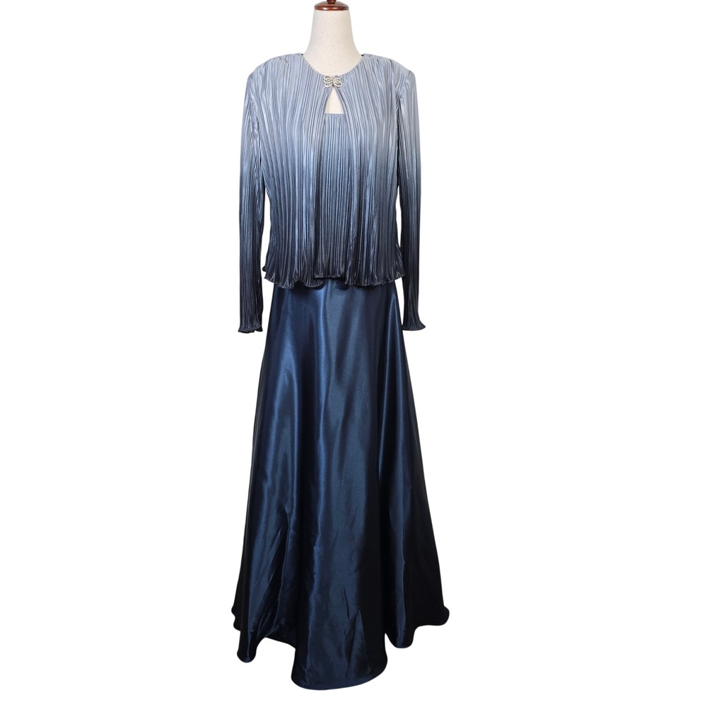 Cachet Women 6 Formal Navy Silver Ombre Pleated 2 Piece Evening Gown Set